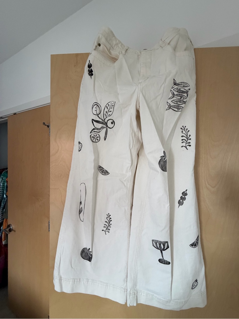 Cream Wide-Leg women’s Pants with Stamped Design